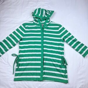 IB Diffusion Green White Striped Hooded Cardigan Drawstring Waist Womens Medium